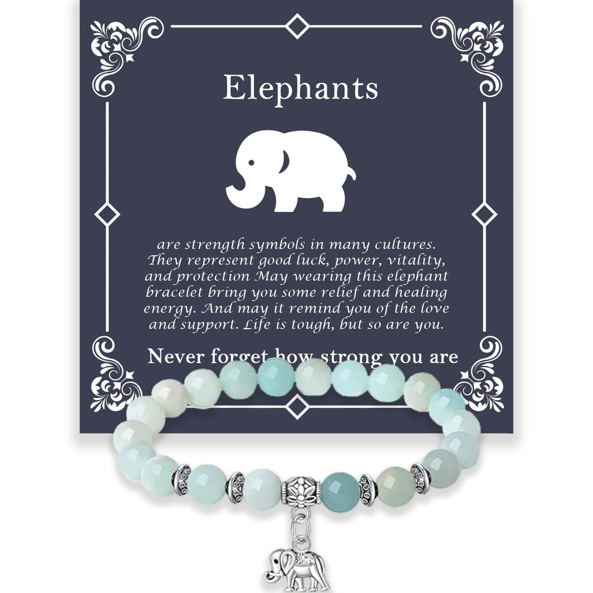 Elephant Gifts for Women, Motivational Gifts for Mom, Mothers Day Elephant Bracelet, Strength Bracelets for Women Her, Anxiety Bracelet, 8 mm Stretch Natural Stone Beaded Bracelets, Mother Day Gift, Lime Green