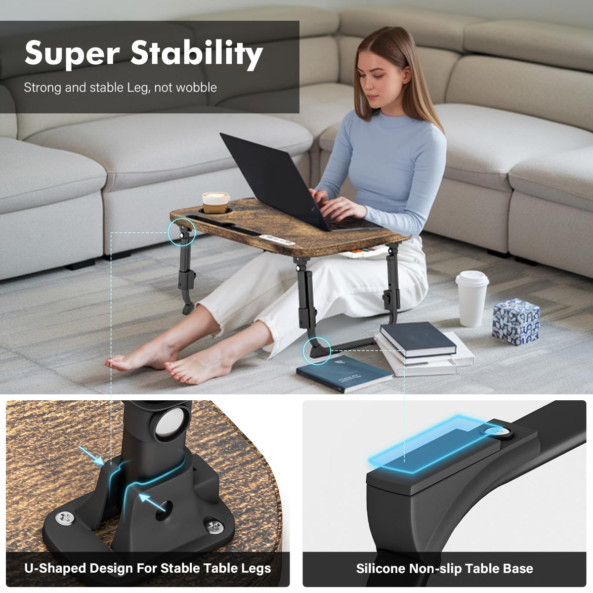 Lap Desk for Bed Adjustable Height, Foldable Bed Table with Storage Drawer, Tablet Slot & Cup Holder, Portable Laptop Stand for Bed & Sofa, Bed Desk for Adults & Kids, Carbonized