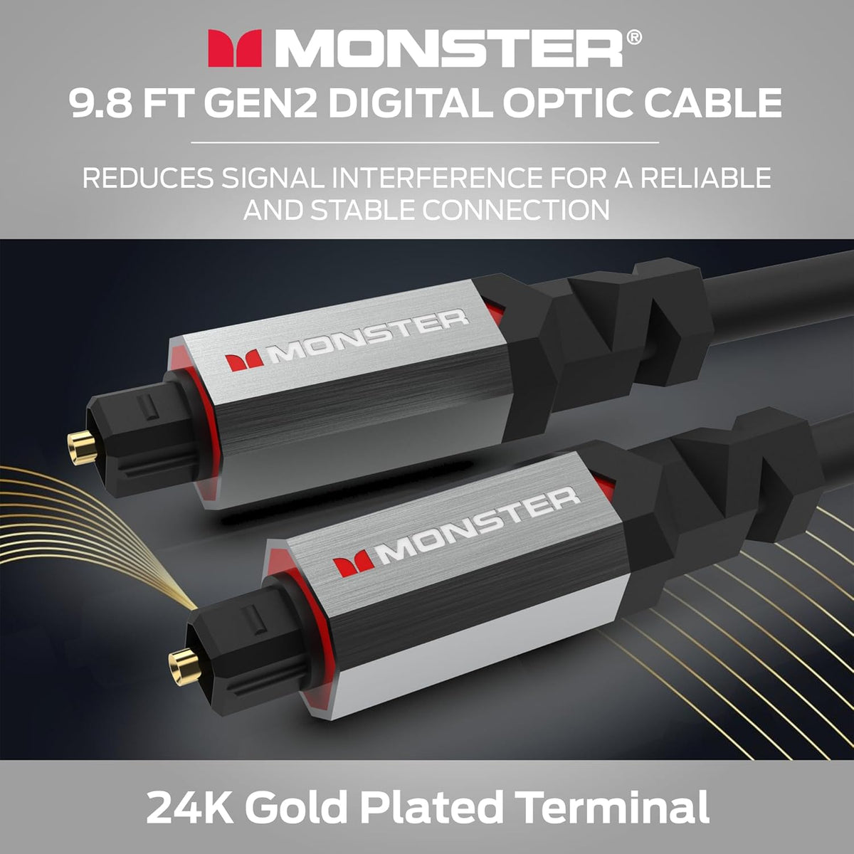 Gen2 9.8ft Monster Essentials Digital Optical Toslink Cable, Sound Bar Optical Audio Cable with Gold Connectors