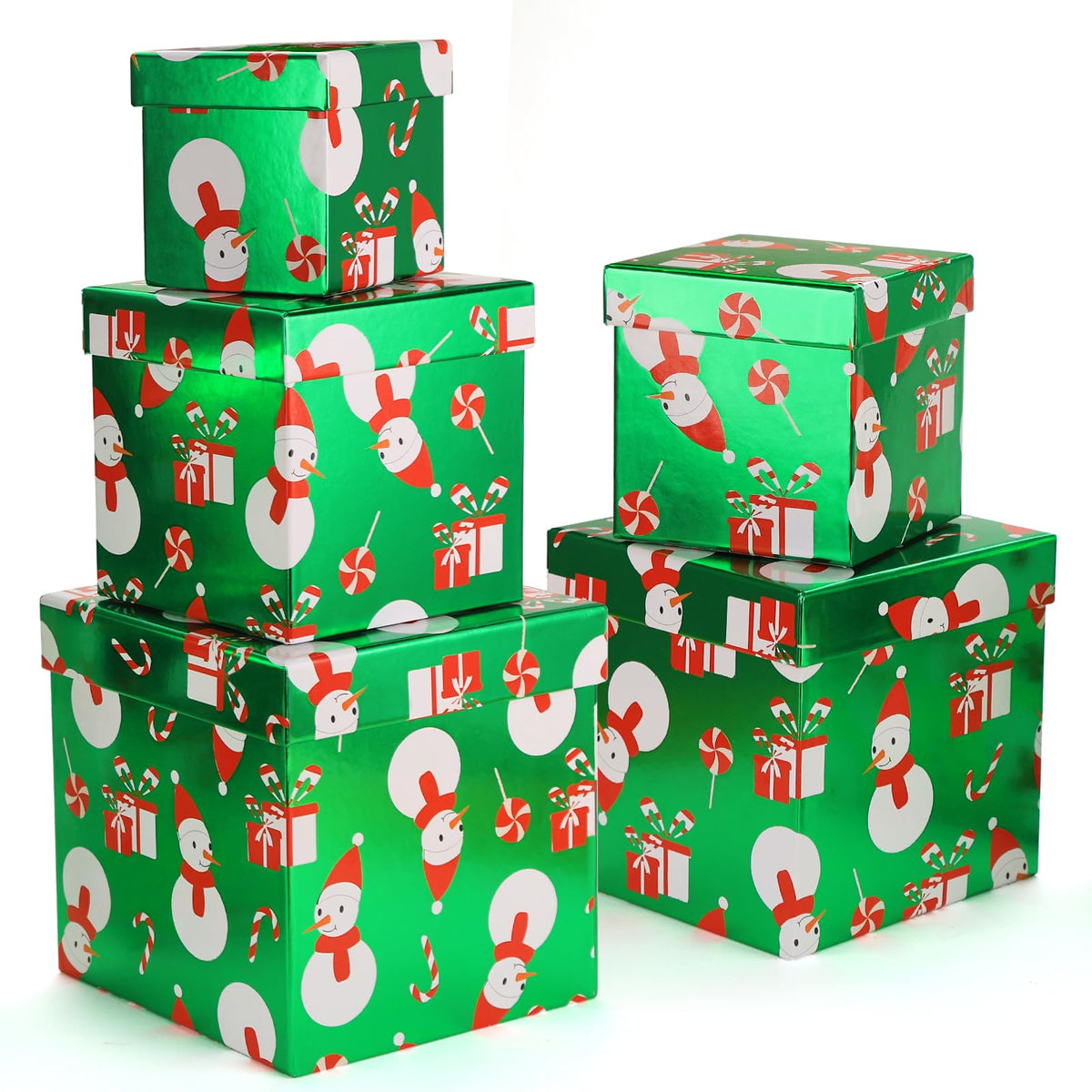 PAPER FAIR 5PCS Christmas Snowman Nesting Gift Boxes Set, Green Foil Mirror Candy Cane Lollipop Square Cardboard Nested Box w/Lid, for Gift Wrapping Holiday Present Birthday, Assorted Size