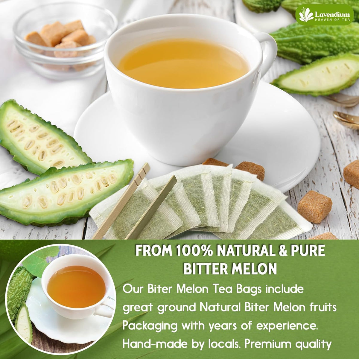 Lavendium, Premium 200 Tea Bags Bitter Melon Fruit Herbal Tea, 100% Natural and Pure, Hand-made, Made With Natural Materials-Corn Fiber Tea Bag, Sugar Free. Caffeine Free. Gluten Free. Vegan