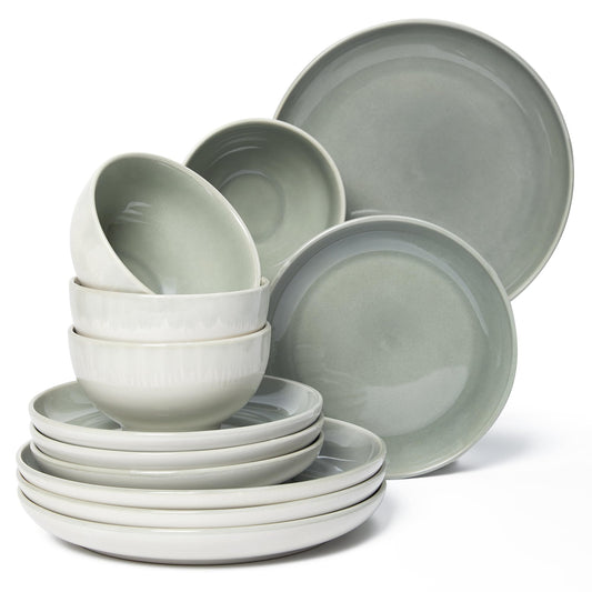 Pokini Stoneware Dinnerware Sets Service for 12, 36 pcs Reactive Glaze Plates and Bowls Sets, Handmade Ceramic Dish Set, Highly Chip and Crack Resistant Modern Plate Set, Gradient Green