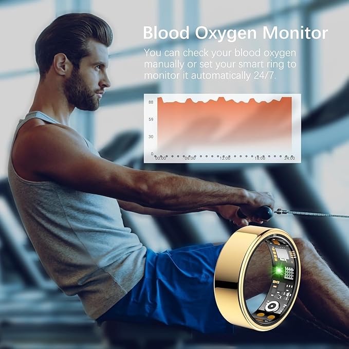 Ring Health Tracker for Women Men, Fit Ring with Heart Rate, Blood Oxygen, Sleep Monitor, Calories, Step Counter, IP68 Waterproof Smart Ring for iPhone & Android, No Subscription Fee (Gold, 14#)