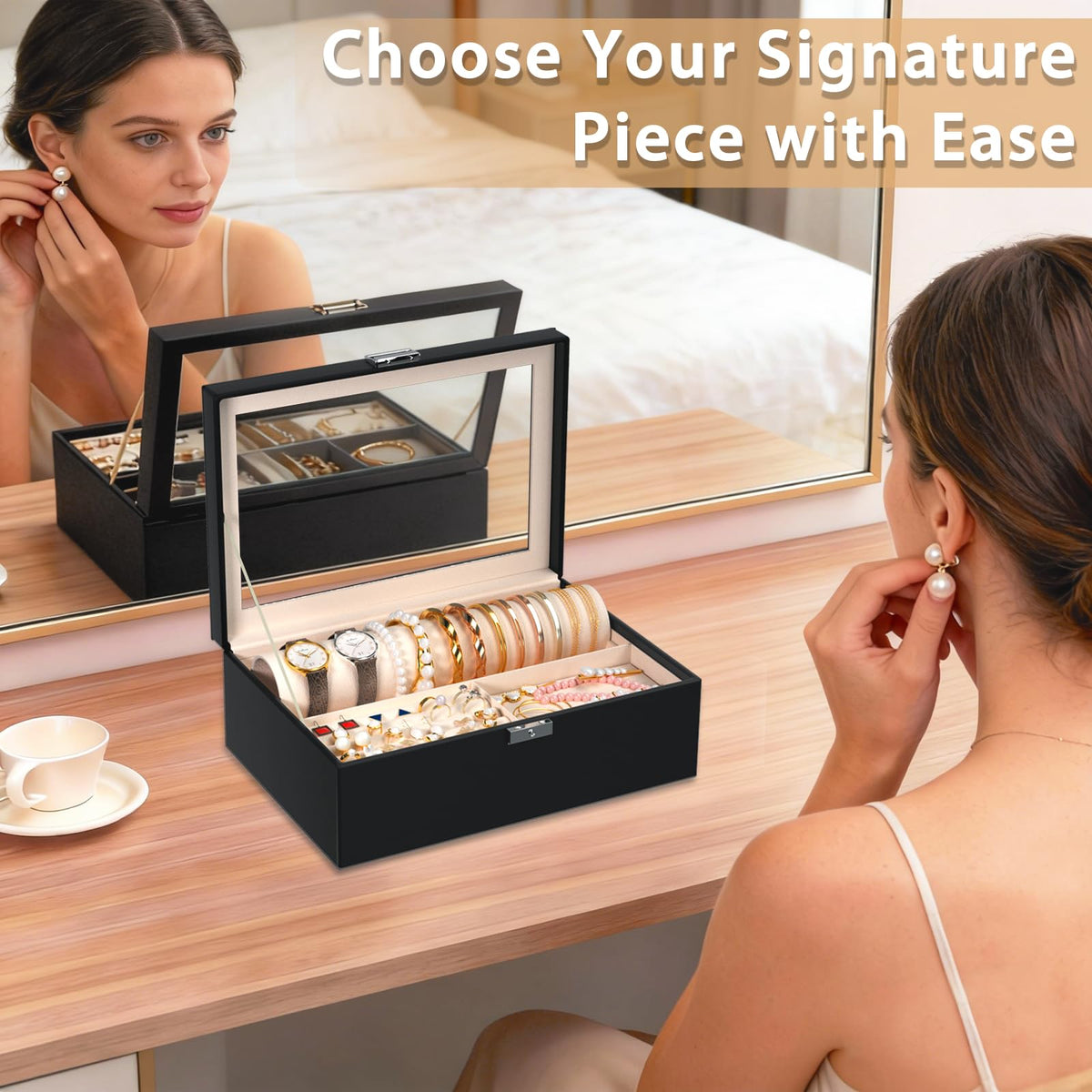 Jolensoy Jewelry Organizer Box with Clear Glass Lid, Bracelet Holder Jewelry Storage Case for Earrings, Rings, Bangles, Watches - PU Leather Jewelry Display Box Gifts for Women Girls, Black