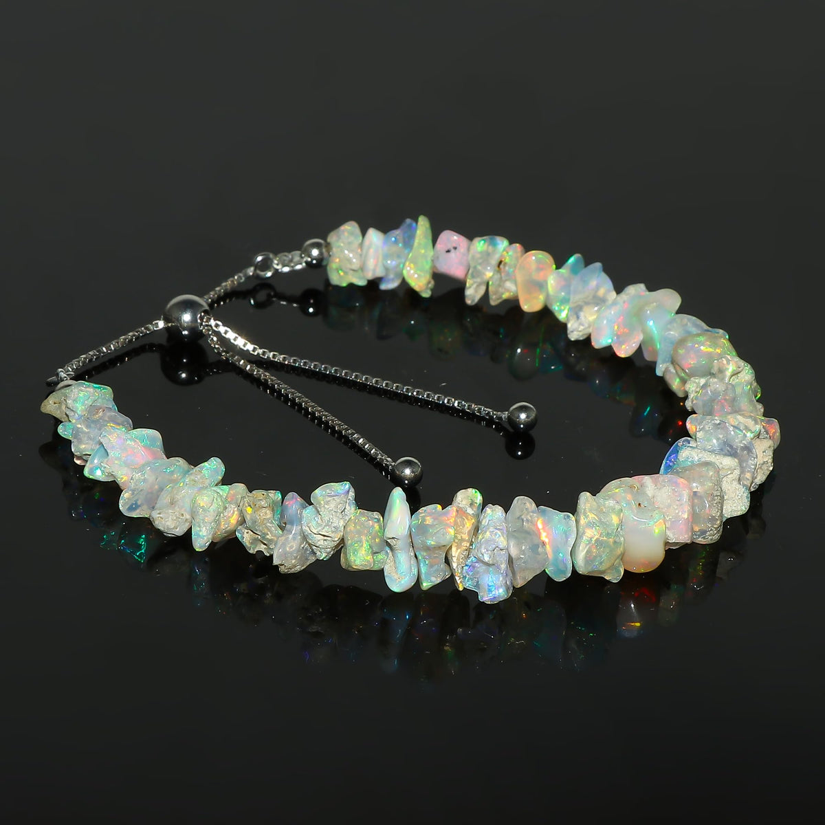 CRYSTALIS Ethiopian Opal Bracelet, Natural Raw Stones, Fire Play Rough Gemstones, Chakra Healing Crystals, Gift Giving Jewelry, Rhodium 925 Sterling Silver Women Bolo Slider Bracelet 10 inch (6+4")