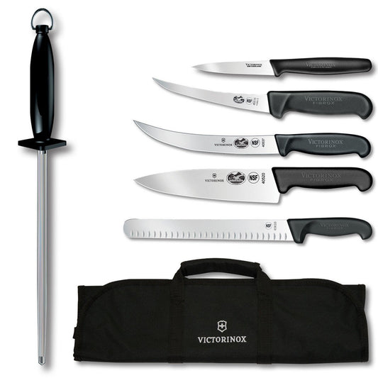 Victorinox Swiss Army 7-Piece Natural Competition BBQ Set with Black Fibrox Pro Handles and Knife Roll (46135US2)