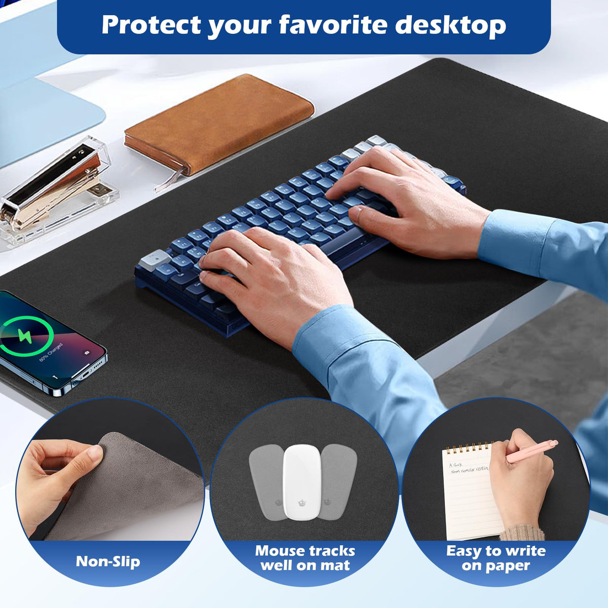 Wireless Charging Desk Mat with Desk Pad for Desktop Charging Large Mouse Pad Waterproof Leather Computer Mat Mouse Pad Non-Slip Protector on Top of Desks for Keyboard and Mouse (black-l, 36*17inch)