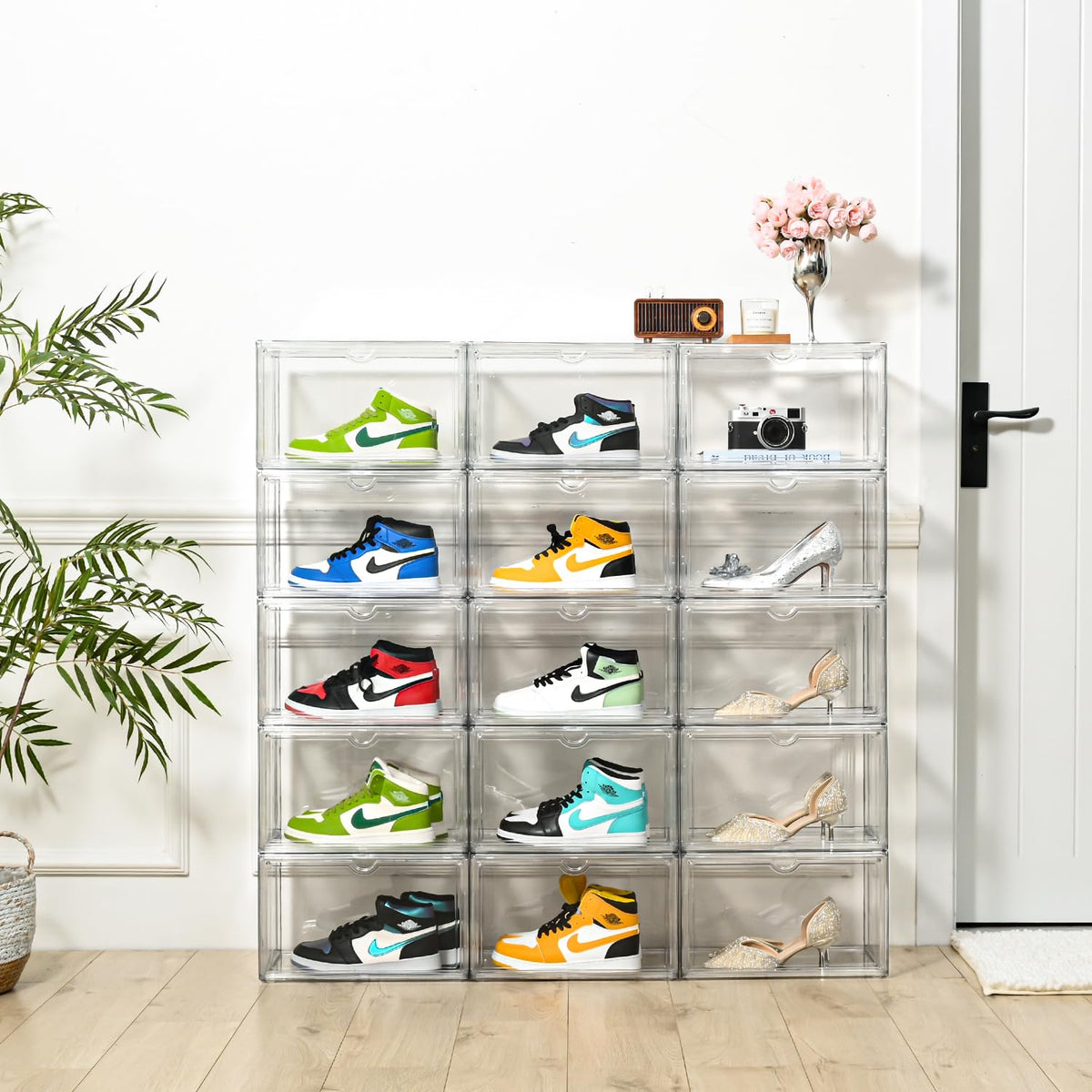 Uni HIMO Clear Shoe Organizer,Stackable Shoe Display Case,Shoe Box Storage Bins with Magnetic Door,Fit Shoe Size Up to US 14 (X-Large-2Pack)