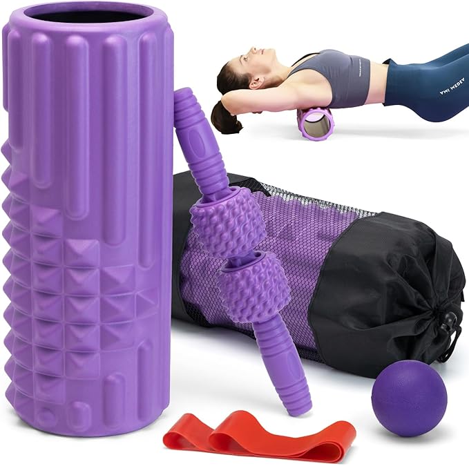 5 in 1 Foam Roller Set, High Density Fitness Exercise Foam Roller for Deep Tissue Muscle Massage, Massage Roller, Massage Ball, Resistance Band, for Whole Body(Purple)