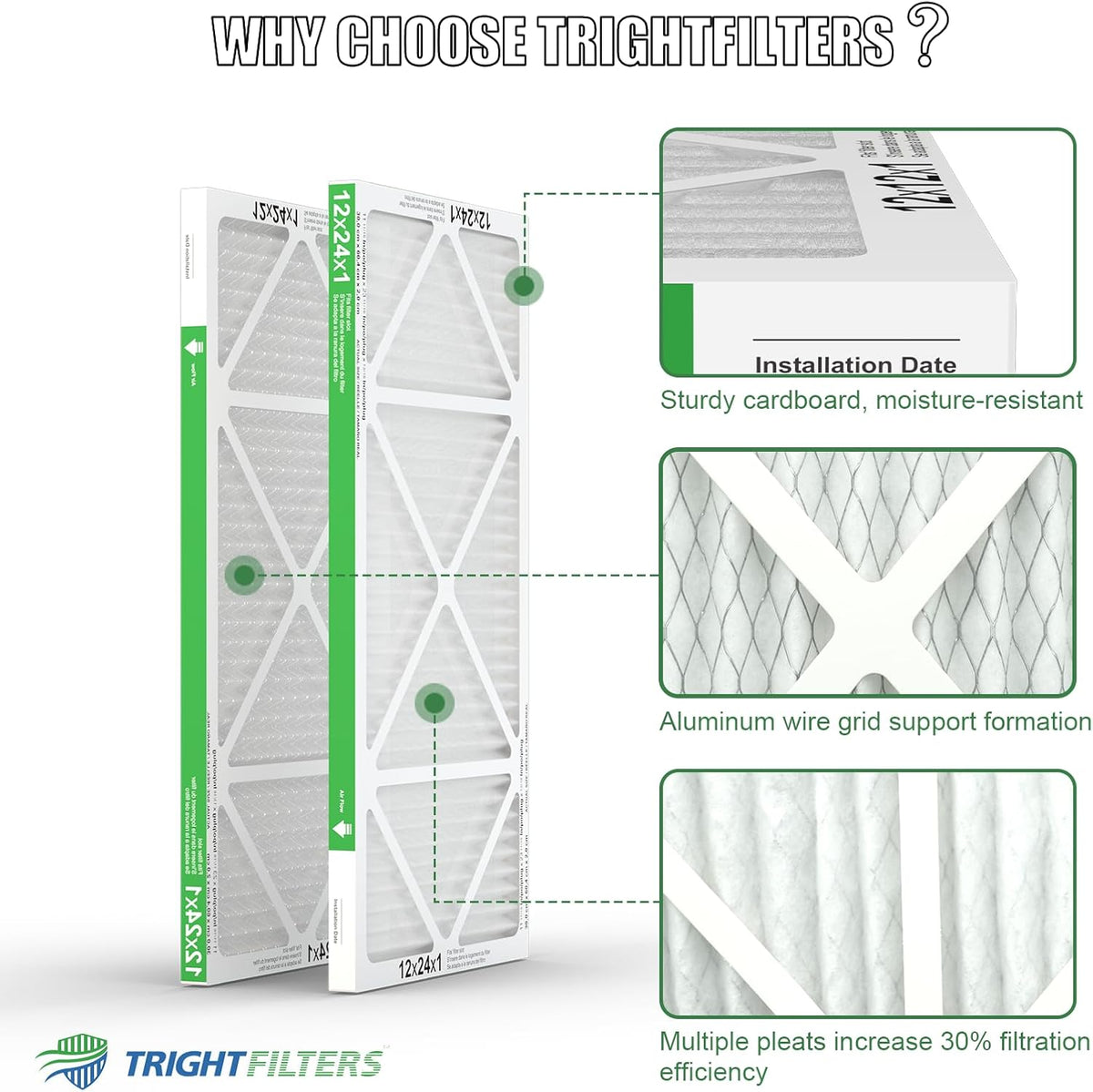TRIGHTFILTERS 12x24x1 Air Filter - MERV 8 Pleated Dust Defense | 4-Pack Replacement for HVAC & AC Systems