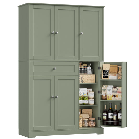 HOSTACK 68" Tall Kitchen Pantry Storage Cabinet, Modern Kitchen Hutch Cabinet with Doors and Shelves, Freestanding Food Pantry with Large Storage Drawer for Dining Room, Living Room, Green