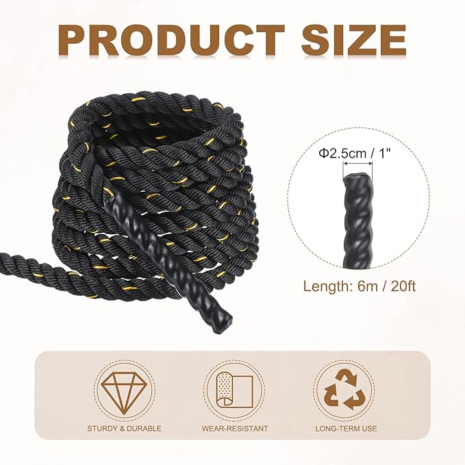 MECCANIXITY Battle Rope 20ft x 1 Inch Polyester Workout Rope Heavy Fitness Exercise Rope for Strength Training Home Gym Muscle Building, Black Yellow