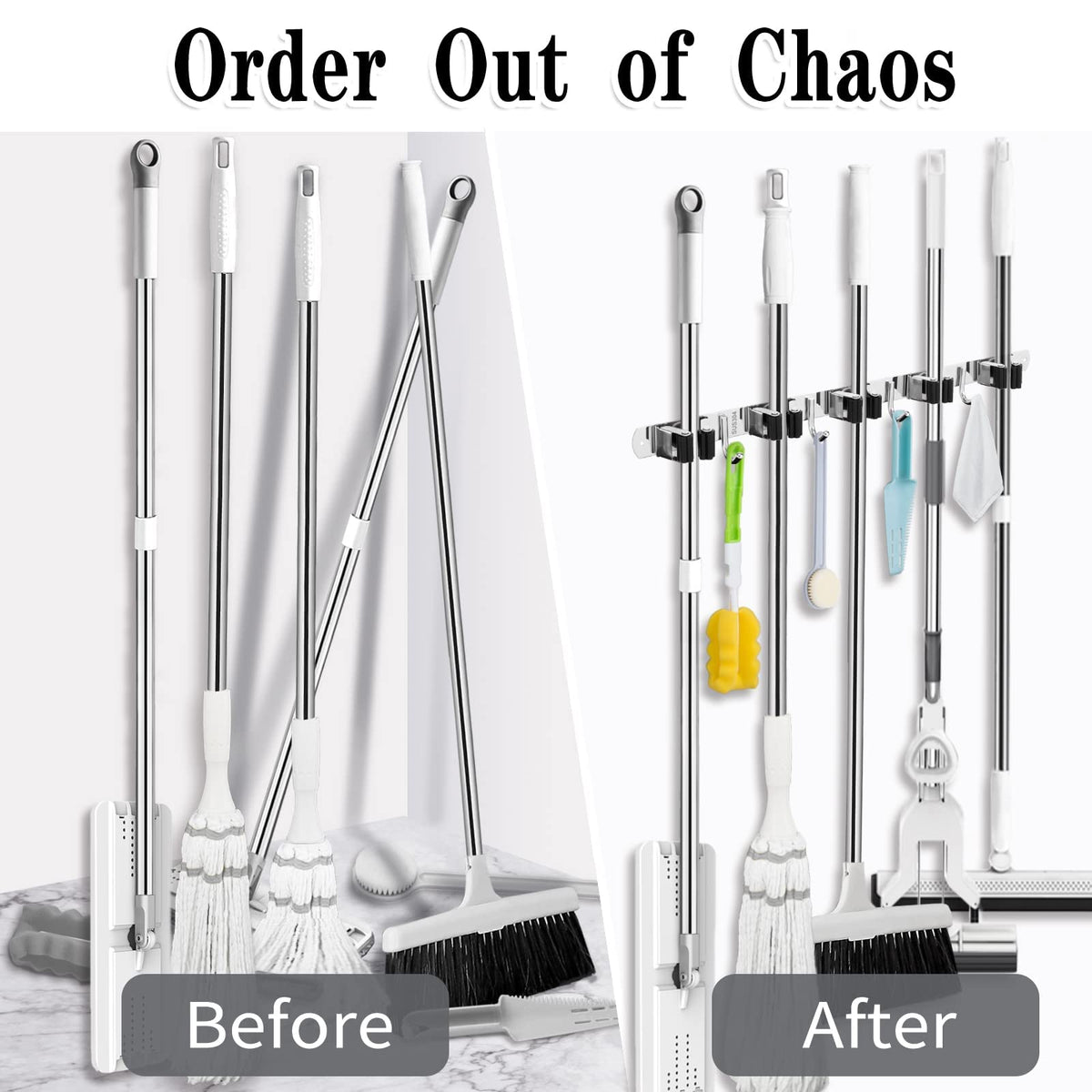 AceMining 5 Racks and 4 Hooks Mop and Broom Holder Wall Mount, Broom Organizer Storage Tool Racks Stainless Steel Heavy Duty Hooks Self Adhesive Solid Non-slip for Home Kitchen Garden Laundry Garage
