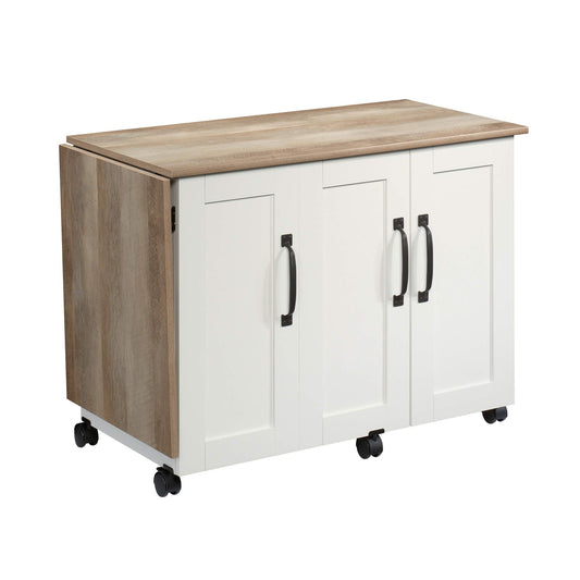 Sauder Miscellaneous Storage Sewing Cart, Drop-Leaf Craft Table, Sewing Table with Storage - Soft White Finish
