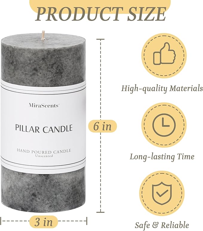 3x6 inch Grey Pillar Candles Set of 3, Unscented Pillar Candle, Dripless and Smokeless Large Candles, Candle for Home Decor, Dinner Table,Weddings, Holidays
