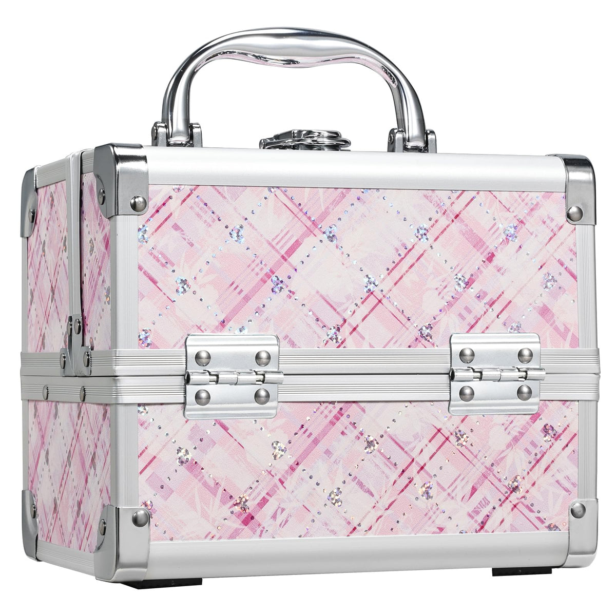 FRENESSA Makeup Train Case Portable Makeup Case Organizer Cosmetic Box Make Up Box Makeup Organizer Cases with Mirror Locking Nail Kit Organizer Travel Case Pink Plaid