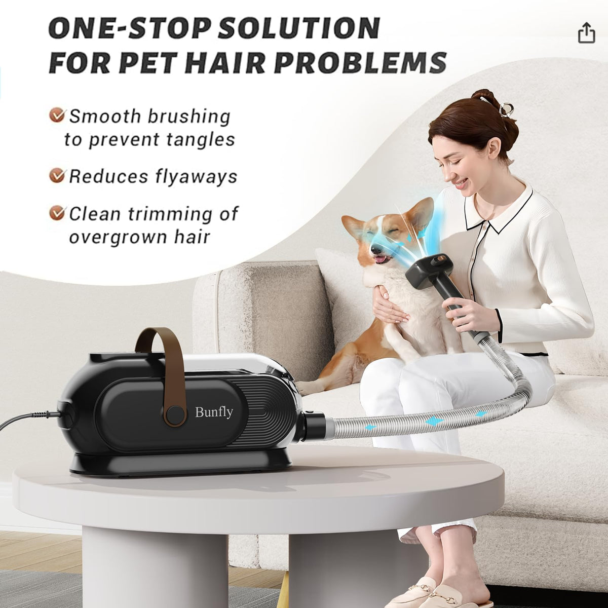 Bunfly Dog Grooming Kit with 13000kpa Strong Grooming & Vacuum Suction 99% Pet Hair,3L Capacity,11 Grooming Tools Dogs Cats and Other Animals,Home and Car Cleaning -Black