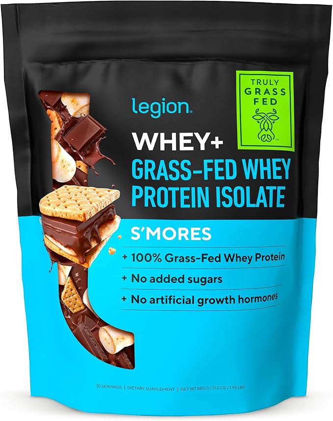 LEGION Whey+ Whey Isolate Protein Powder from Grass Fed Cows - Low Carb, Low Calorie, Non-GMO, Lactose Free, Gluten Free, Sugar Free, All Natural Whey Protein Isolate, 30 Servings (Smores)