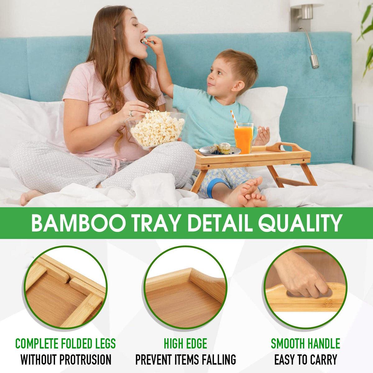 Bed Tray Table Folding Legs with Handles Breakfast Tray for Sofa Eating,Drawing,Platters Bamboo Serving Lap Desk Snack Tray