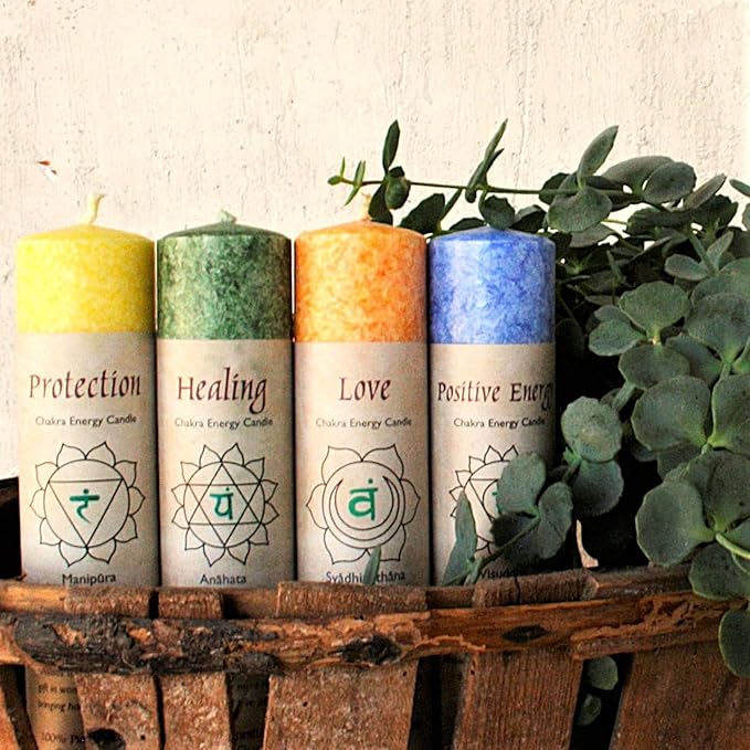 Premium Scented Candle Hand Made Chakra Energy Pillar | 4-Pack | Healing, Anahata | Yoga, Prayer & Meditation Candle | Long Burn 15 Hours | Essential Oils of Lavandin, Orange & Tangerine | Aloha Bay