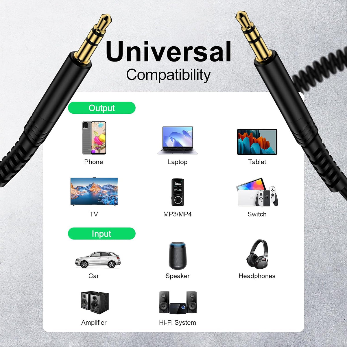 3.5mm 3.5mm 6FT, 3.5 mm Coiled to Audio Cable Retractable Male to Male Aux Cord Car Stereo Audio Jack Adapter Dongle