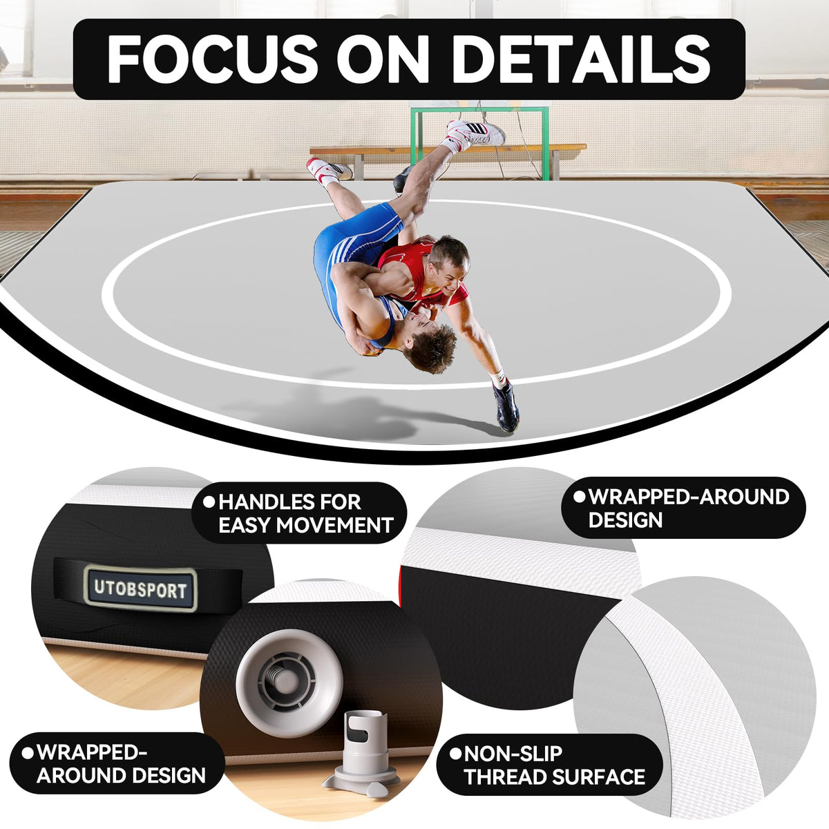 Inflatable Wrestling Mat 8x8FTx6"Thick, Jiu Jitsu Mats, PVC Landing Training Mat Foldable for Home Gym BJJ, MMA, Martial Art, Boxing, Grappling and Judo (Grey Black)
