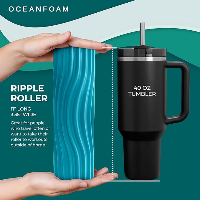 Oceanfoam Ripple Travel Foam Roller (11" x 3.35") Firm Mini Foam Roller for Physical Therapy, Deep Tissue Massage, Back Pain, High Density, Ergonomic Wave Textured, Yoga, Pilate, Exercise (Miami Blue)