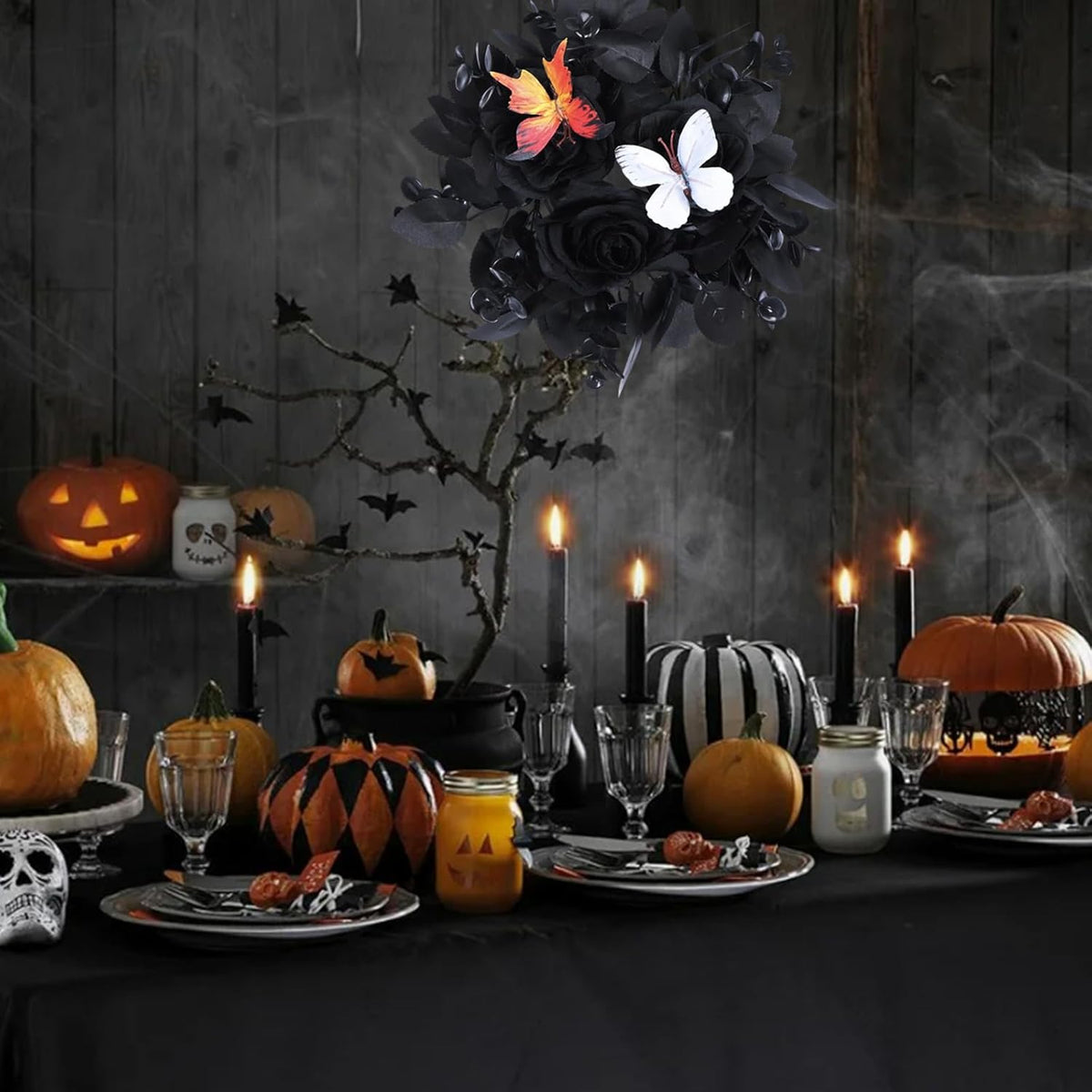 Regine Switzerland Halloween Rose Candle Ring Wreath - Gothic Black Floral with Butterfly & Artificial Leaves | Elegant Table Centerpiece