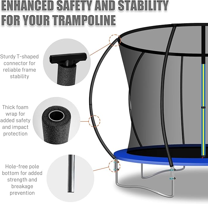 6PCS Trampoline Curved Poles, Universal Trampoline Replacement Enclosure Pole Fits for 8-16FT Curved Trampoline Frame, Galvanized Trampoline Replacement Parts with Foam Cover, T Connector & Hardware