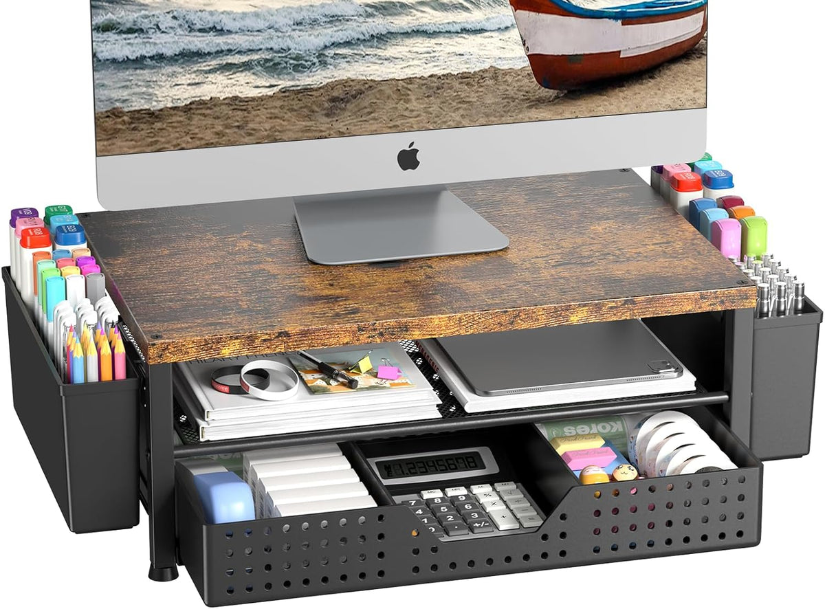 Wood Metal Monitor Stand Riser, Laptop Stand for Desk, Office Desk Organizer and Accessories, Computer Desktop Shelf