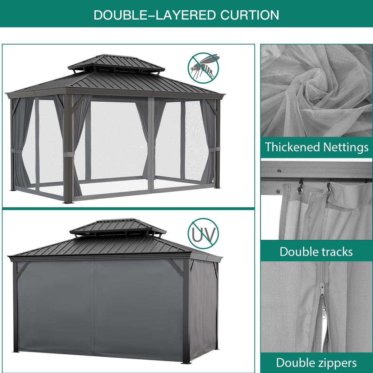 12'x16' Hardtop Gazebo, Heavy Duty Aluminum Permanent Hardtop Gazebo Outdoor Pavilion with Curtains and Netting for Garden