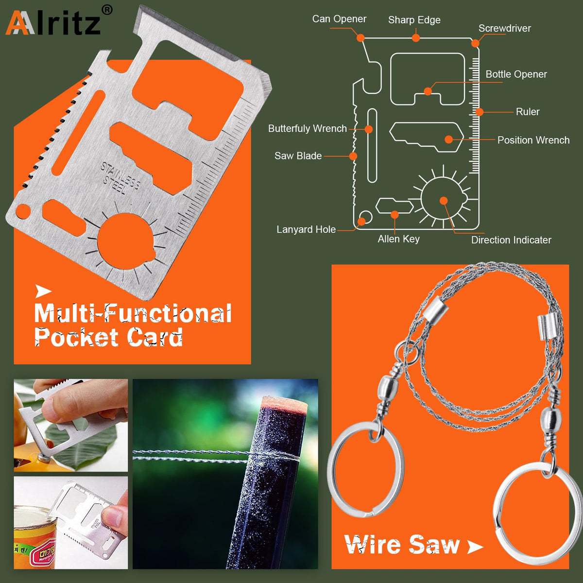 Alritz Emergency Survival Kit, for Men 12 in-1 Outdoor Survival Gear Lifesaving Tools Contains Compass, Fire Starter,for Camping Hiking Wilderness Adventures Disaster Preparedness