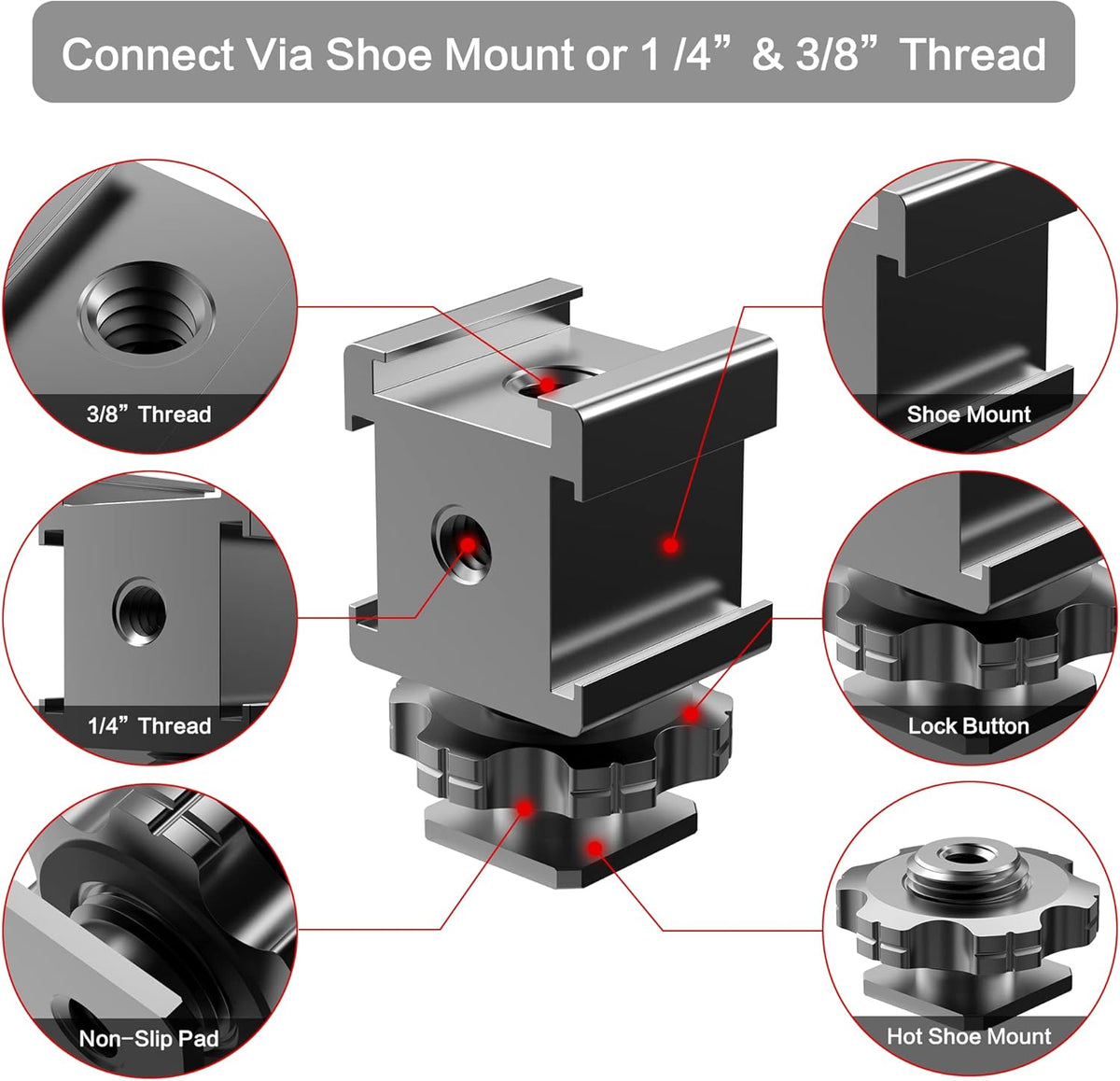 1/4"-20 3/8"-16 Triple Cold Shoe Mount Adapter, Cold Shoe Adapter Extension Bracket,Cold Shoe Mount Adapter