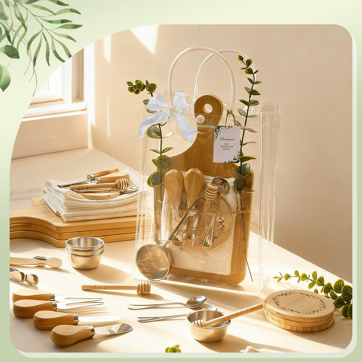 Baby Shower Prizes for Game Winners 6 Sets Cheese Board Honey Dipper Charcuterie Utensils Set Towel Thank You Card and Gift Bags for Baby Shower Wedding Bridal Shower Favors (6 Set-Bamboo, Silver)