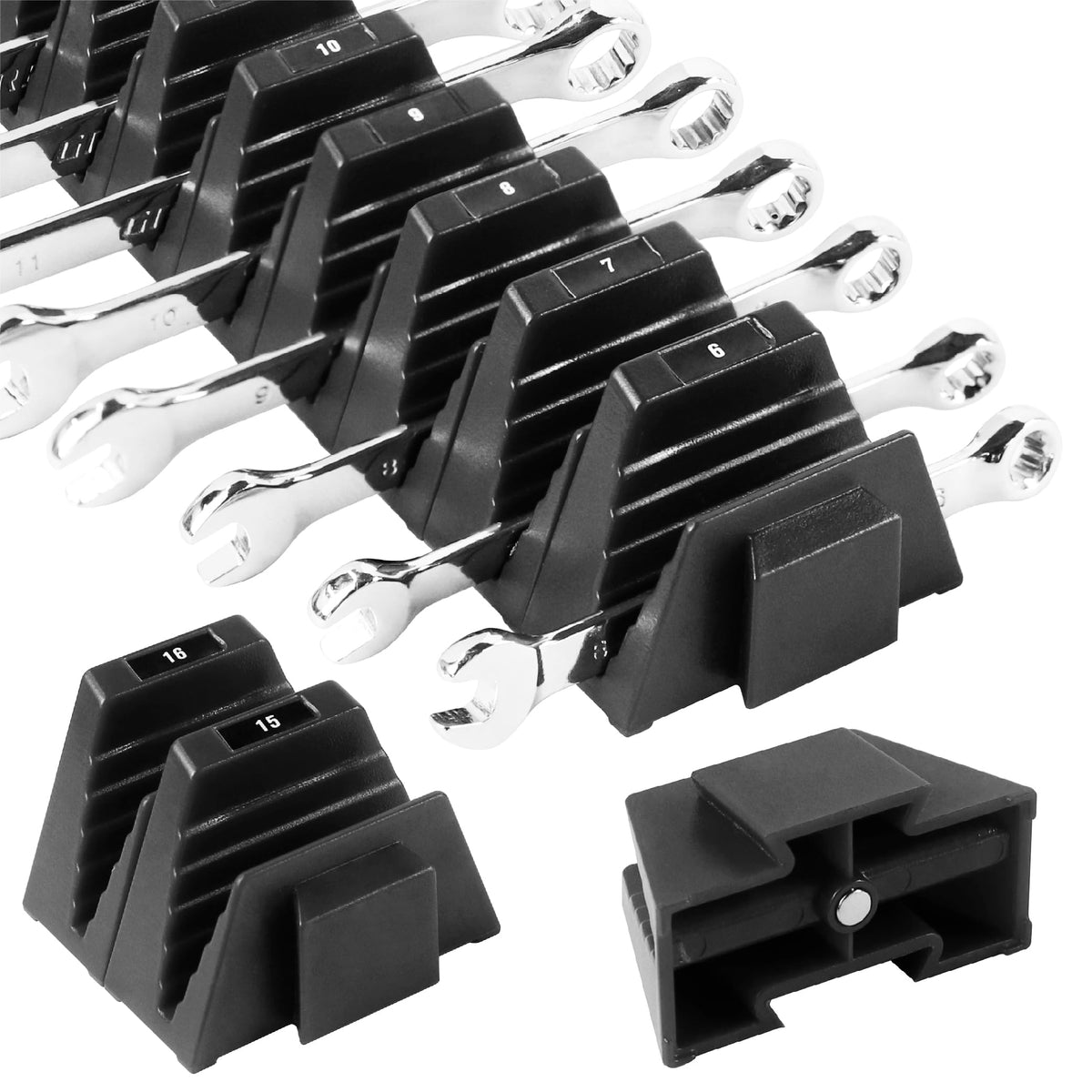 CENFORGE 48PC Modular Wrench Organizer Magnetic, Wrench Organizer for Tool Box Drawer - Wrench Holders with Metric & SAE Labels, Gift for Mechanics (48, Black)