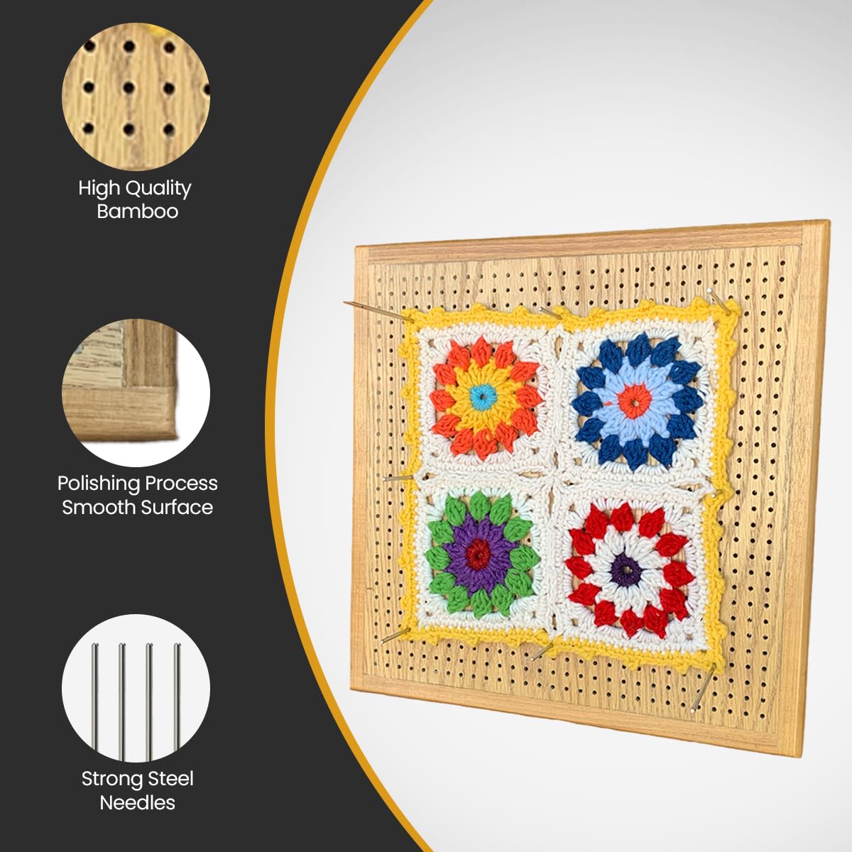 Crafts By KFRod - Top Quality Blocking Board for Crocheting, Christmas Gift, 13 X 13 Inches with Grids Specially Designed Wood Crochet Blocking Board + Including 20 Stainless Steel Pins