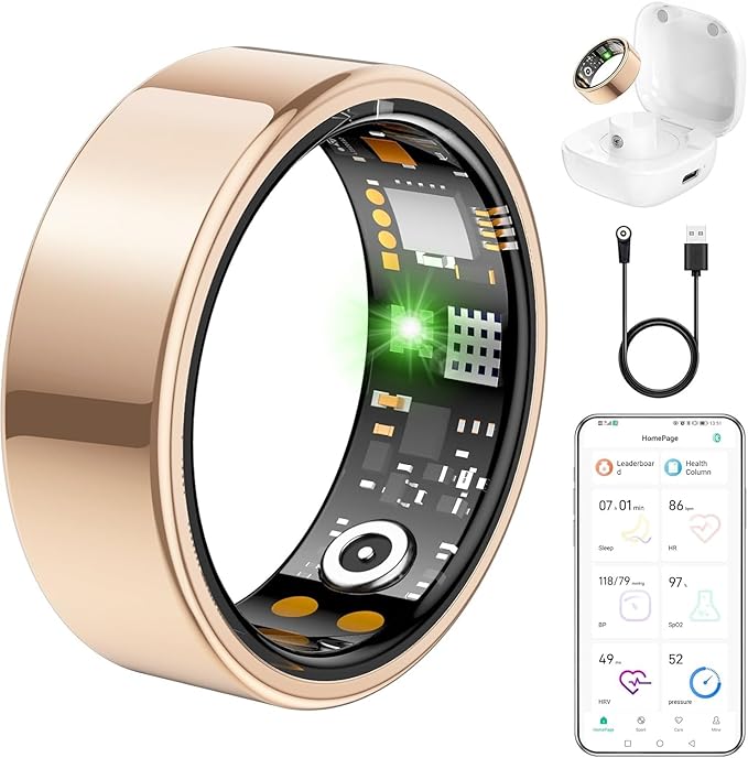 Ring Health Tracker for Women Men, Fit Ring with Heart Rate, Blood Oxygen, Sleep Monitor, Calories, Step Counter, IP68 Waterproof Smart Ring for iPhone & Android, No Subscription Fee (Rose Gold 13#)