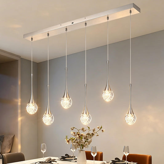 VINLUZ 6-Light Rectangle Brushed Nickel Crystal Chandelier, Dimmable LED Bubble Raindrop Modern Pendant Lighting Fixture, Luxury Elegant Adjustable Spiral Ceiling Light for Entryway Living Room Island