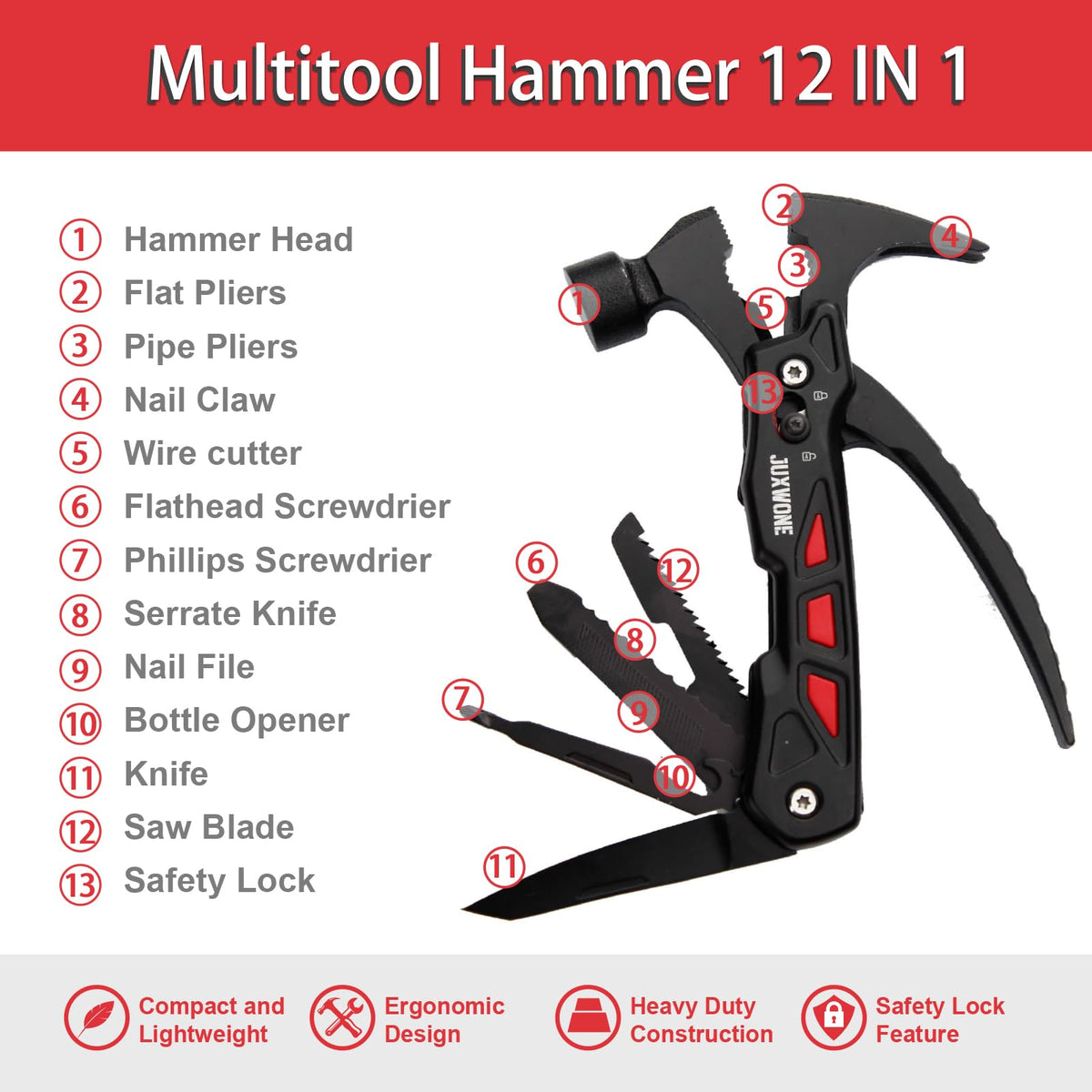 Unique Gift, Pocket Knife Multitool, Hammer 12-in-1, Folding Knife, Outdoor Survival Gear, Camping Multi-tool, Pliers, Knives, Saw, Screwdriver, with dual safety locks, with Nylon Sheath