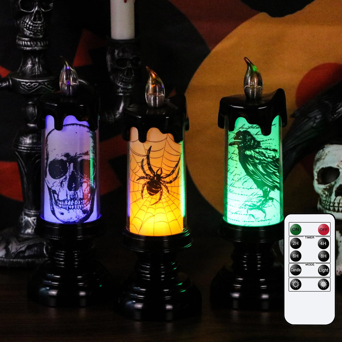 GenSwin Halloween Black Flameless Candles Light, 3 Pack LED Battery Operated Candles with Remote Timer, Table Centerpiece for Halloween Decorations(Skulls, Spiders, Crows)