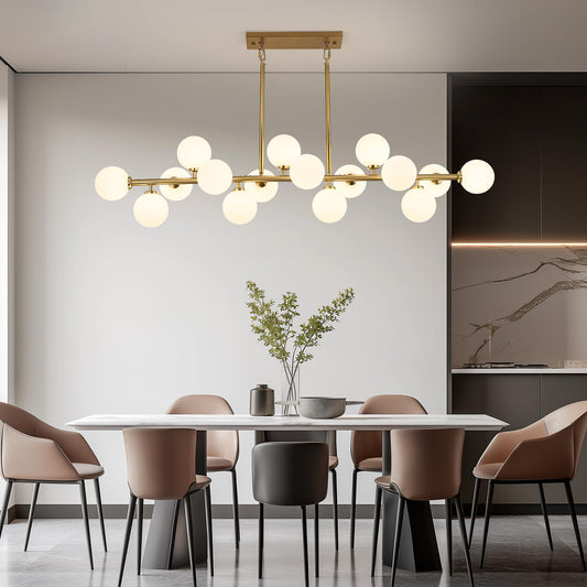 APLampara Mid Century Modern Chandelier 55in Linear Chandeliers 16-Light Brass Gold Pendant Lighting Fixture for Dining Room, Kitchen Island