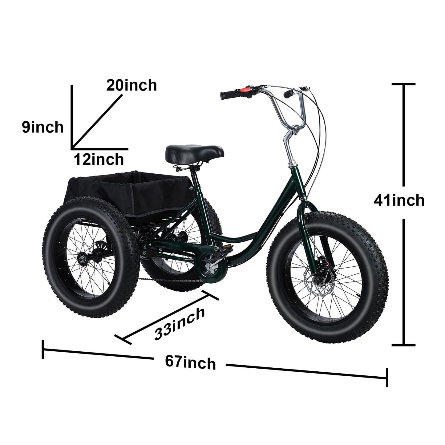 20 Inch Fat Tire Adult Tricycle, 7-Speed Heavy-Duty, 450lb Capacity,Large Cargo Basket, Dual Disc Brakes, Comfort Seat for Seniors,3 Wheel Bike with Spacious Shopping Basket Black 172cm/67.72", W: 85
