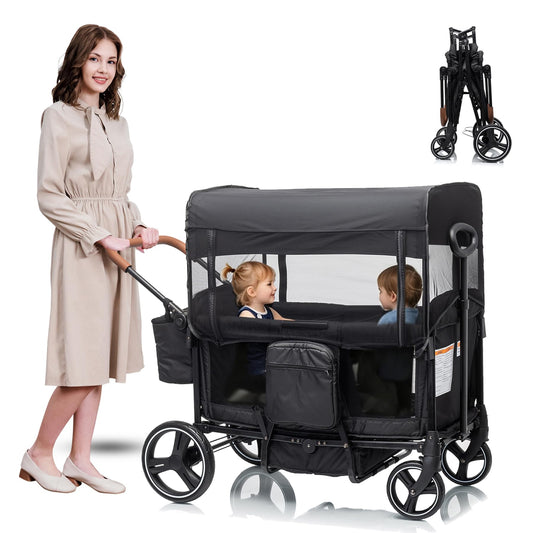 Voupou Wagon Stroller for 2 Kids,Push Pull Wagon with Adjustable Handle, Folding Wagon with Canopy & Mosquito Net, All-Terrain Wheels,Cup Holder & Snack Tray,Storage&Mom Bag,for Camping Beach Travel