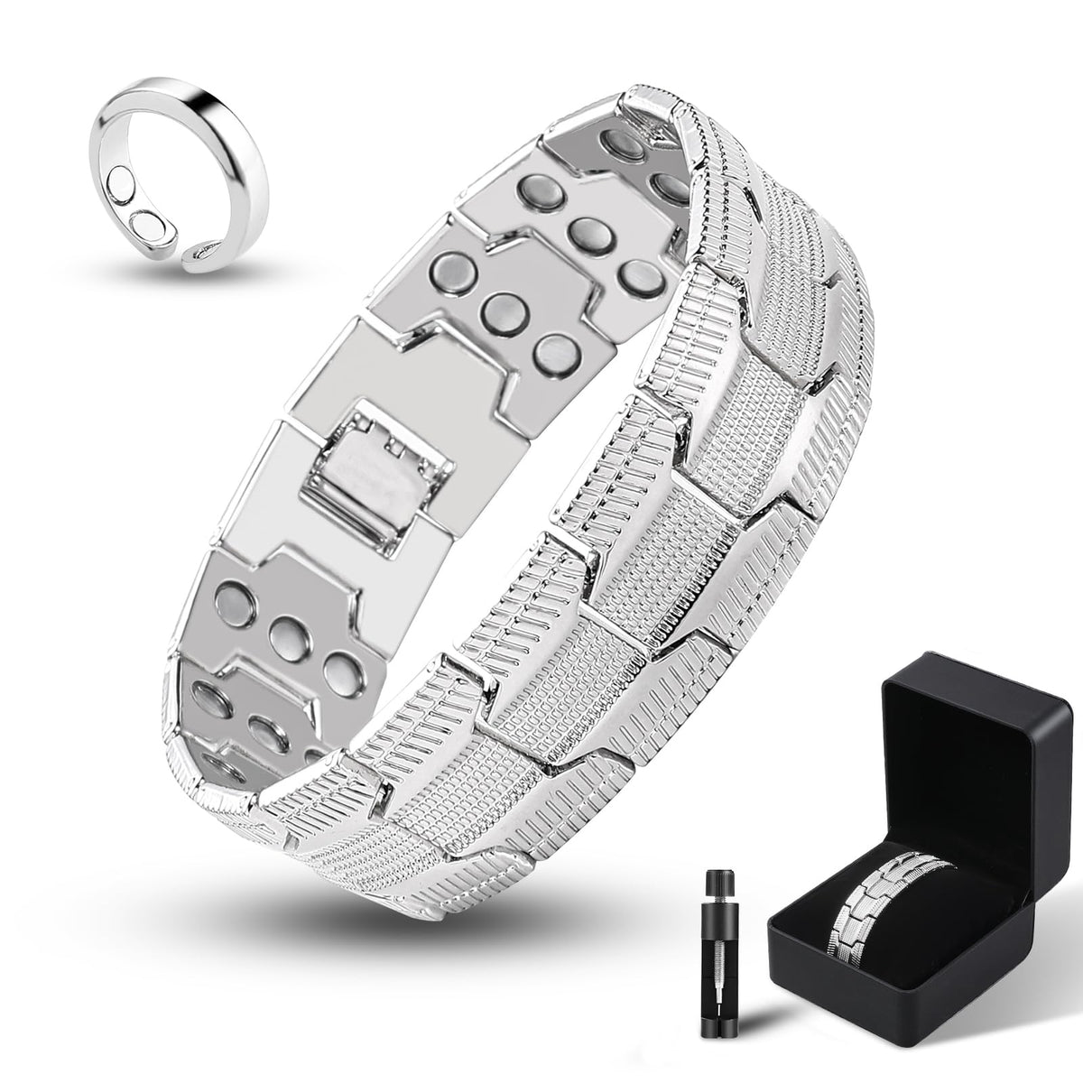 Fvbber 3X Magnetic Bracelets for Men Triple Strength Magnets with Pure Copper Adjustable Length Bracelet for Wrist Support & Wellness - Includes Sizing Tool and Gift Box (Silver)