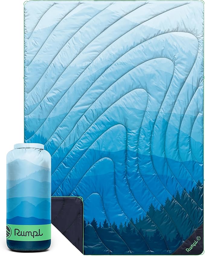 Rumpl Original Puffy Blanket - Warm, Water-Resistant Camping Blanket with 100% Recycled Synthetic Insulation, 52"x75", Original Puffy V2, Blue Ridge Fade