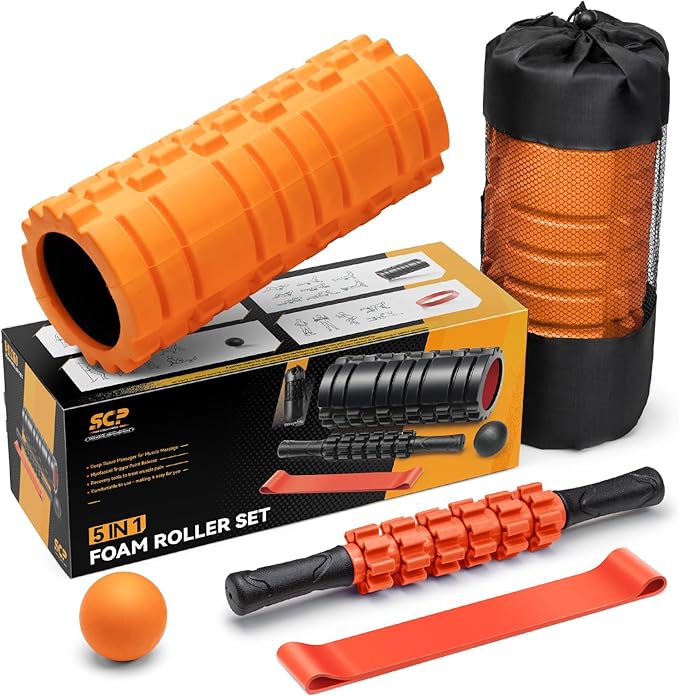 5 in 1 Foam Roller Set for Deep Tissue Muscle Massage, Trigger Point Fitness Exercise Foam Roller, Massage Roller, Massage Ball, Stretching Strap, for Whole Body(Orange-Black)