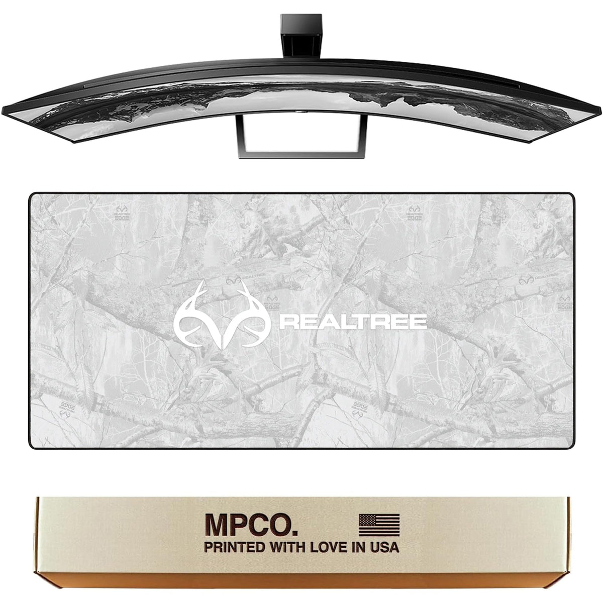 MPCO. Real Tree Large Gaming Desk Pad - 36" x 17" Duraglyde Fabric Edge Snow White – with Logo Desk Mats - Non-Slip, Washable, Smooth Glide for Precision Gaming & Work