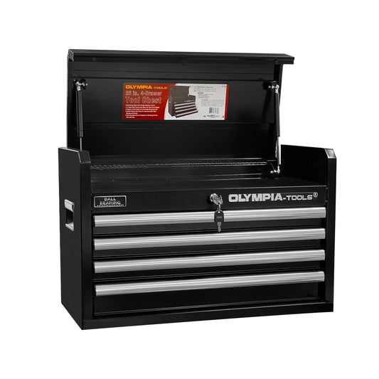 Olympia Tools 26-Inch 4-Drawer Portable Tool Chest, Metal Storage Organizer Box, Black - Work Toolbox for Home Garage and Workshop with Locking Lid and Ball Bearing Slides
