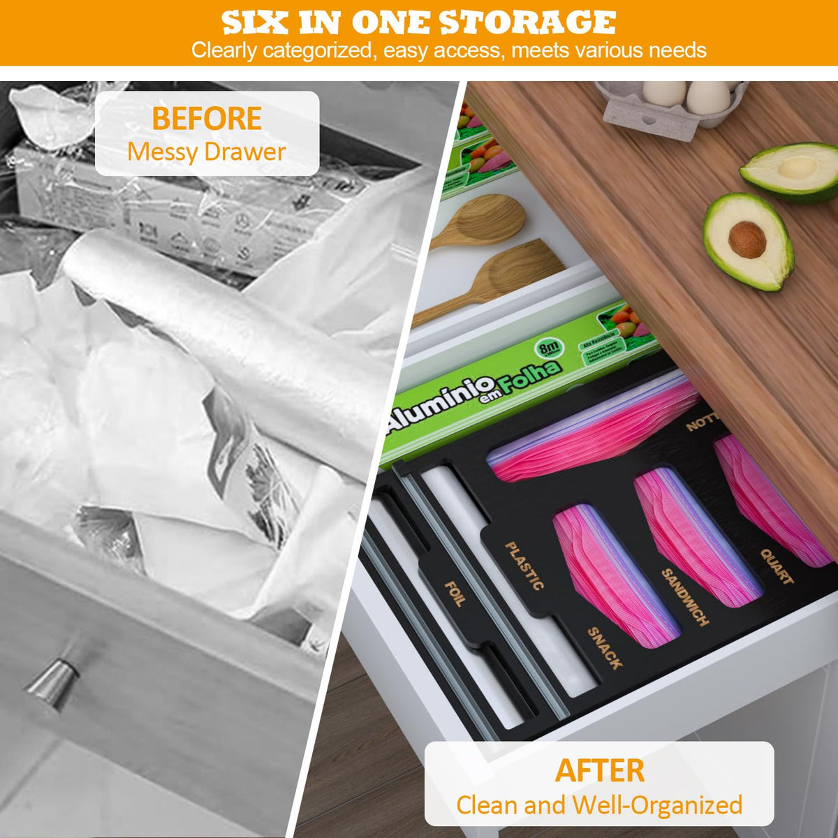 DALSHABET Bamboo Bag Organizer with Magnetic Closure, 6 In 1 Kitchen Drawer Foil and Plastic Wrap Dispenser with Cutter, Storage bag for Gallon, Quart, Sandwich, Snack Black
