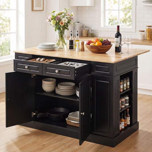 Giantex Kitchen Island with Storage & Drop Leaf, 48" Stationary Island Table with Rubber Wood Top, 2 Drawers, Cabinet, Adjustable Shelf, Butcher Block Island for Living Dining Room, Bar (Black)